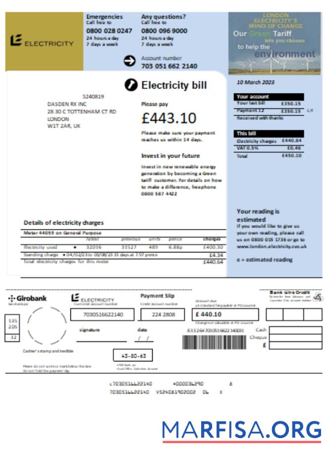 Printable UK Electricity utility business bill, SCR template